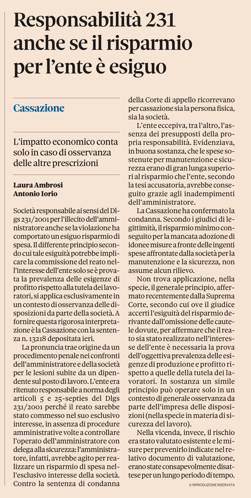 Responsabilità 231 anche se il risparmio per l’ente è esiguo (tratto da Il Sole 24 Ore)