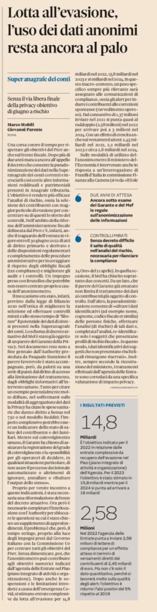 Lotta all’evasione, l’uso dei dati anonimi resta ancora al palo (tratto da Il Sole 24 Ore)