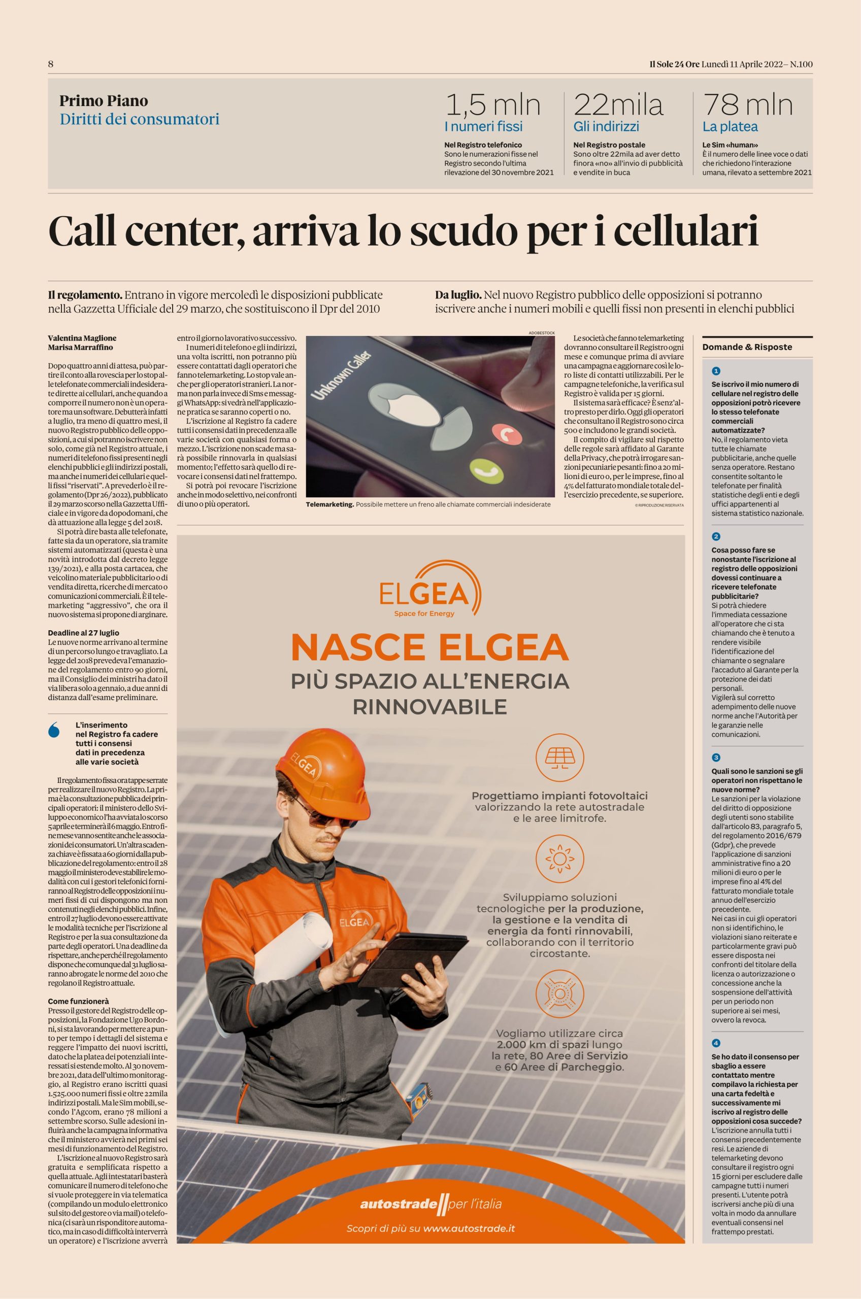 Call Center, arriva lo scudo per i cellulari (tratto da Il Sole 24 Ore)