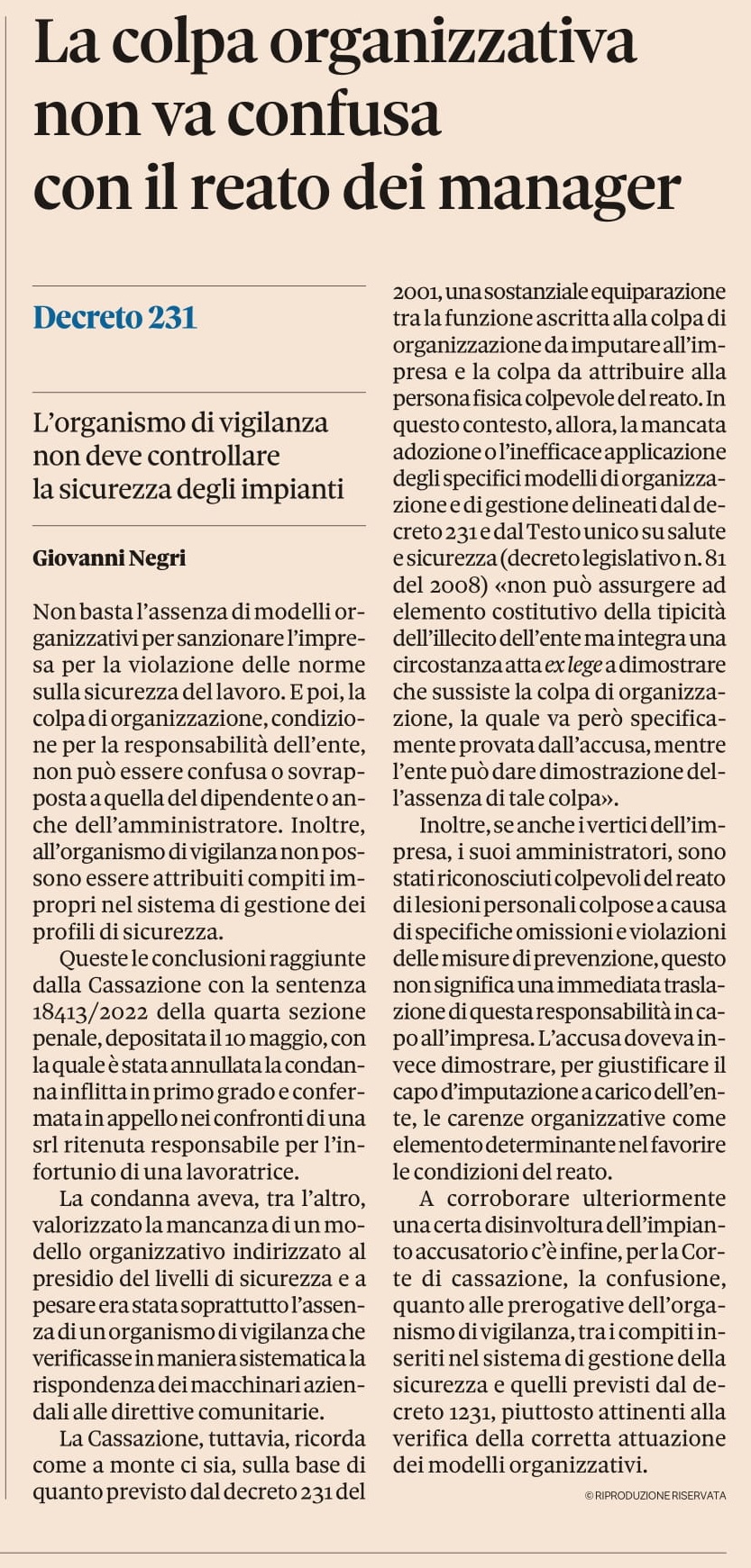 La colpa organizzativa non va confusa con il reato dei manager (tratto da Il Sole 24 Ore)