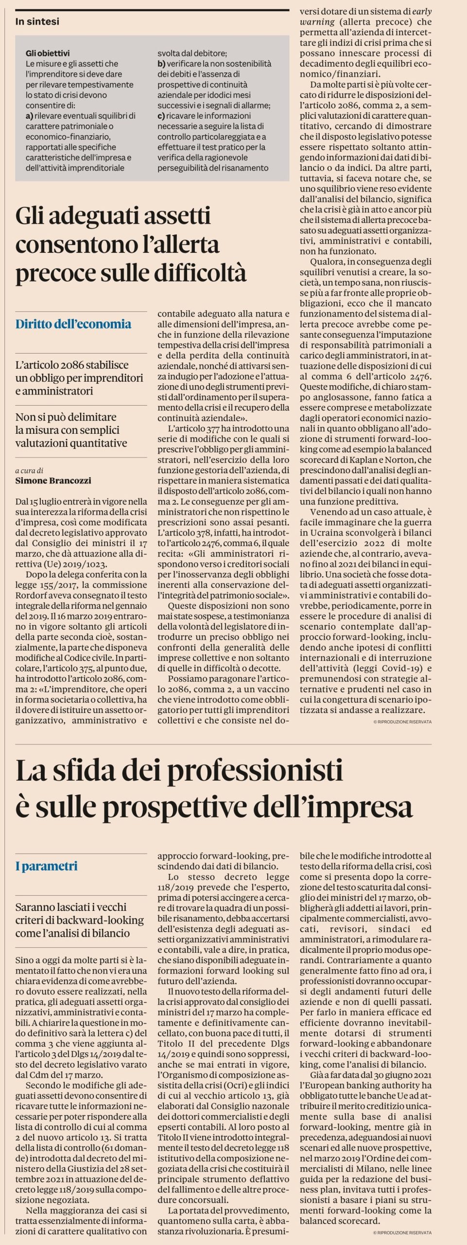 Gli adeguati assetti consentono l’allerta precoce sulle difficoltà / La sfida dei professionisti è sulle prospettive dell’impresa (tratto da Il Sole 24 Ore)