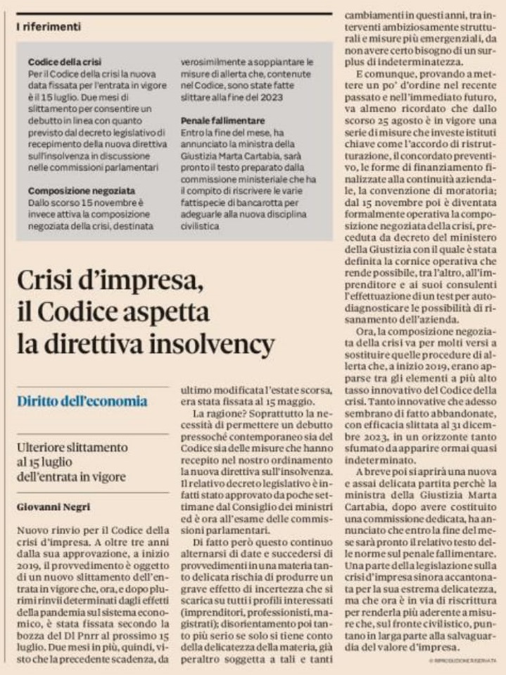 Crisi d’impresa, il Codice aspetta la direttiva insolvency (tratto da Il Sole 24 Ore)