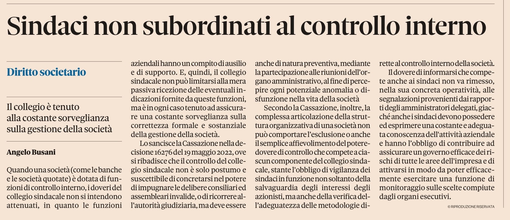 Sindaci non subordinati al controllo interno (tratto da Il Sole 24 Ore)