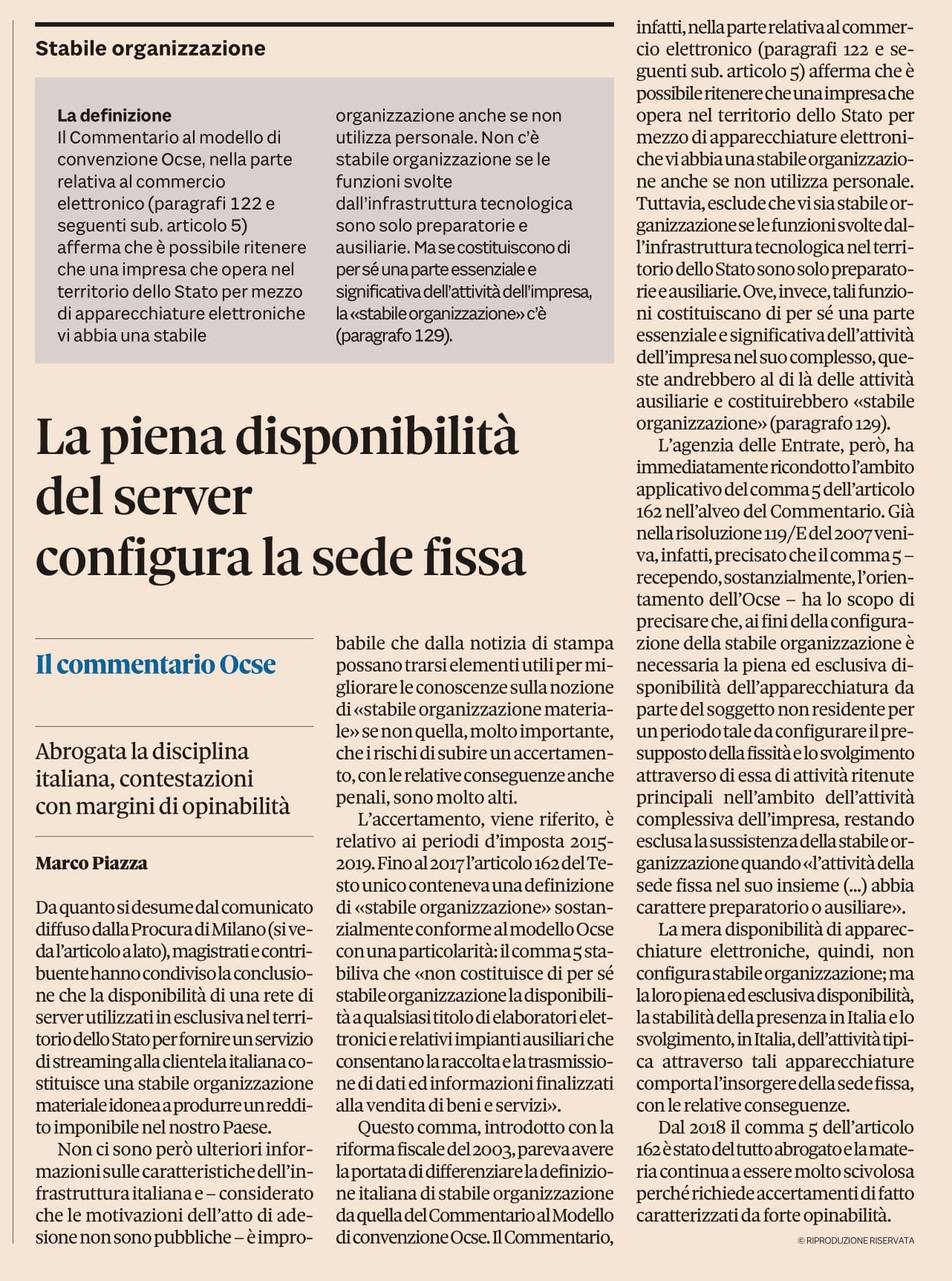 La piena disponibilità del server configura la sede fissa (tratto da Il Sole 24 Ore)