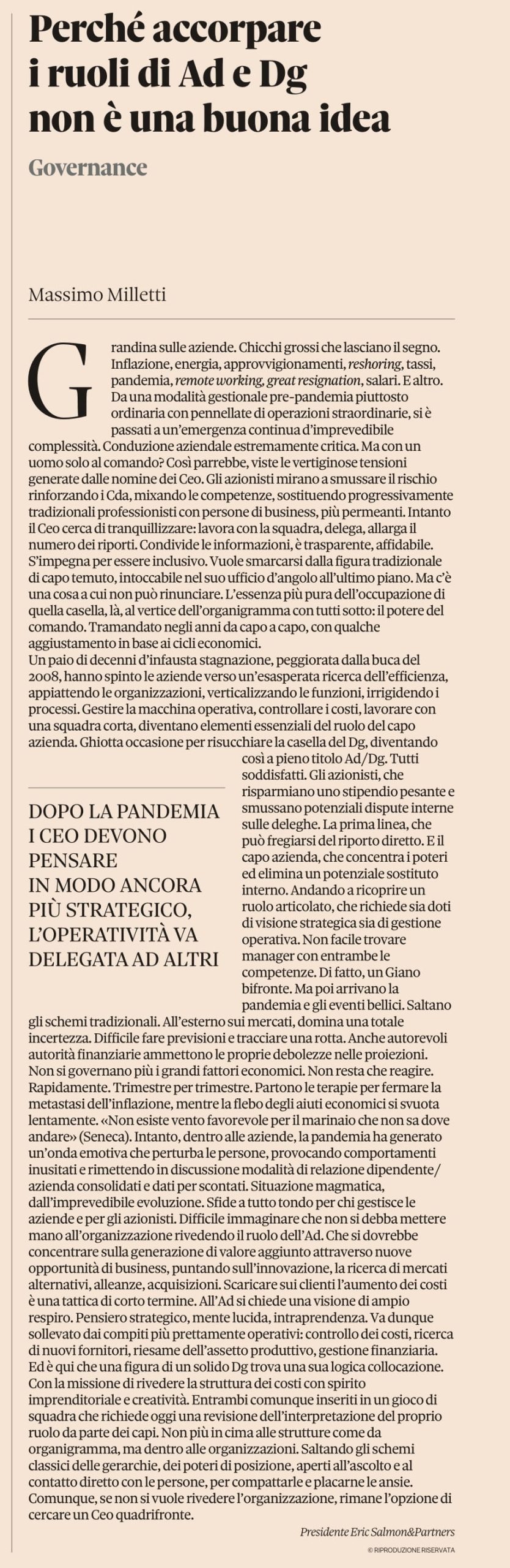 Perché accorpare i ruoli di Ad e Dg non è una buona idea (tratto da Il Sole 24 Ore)