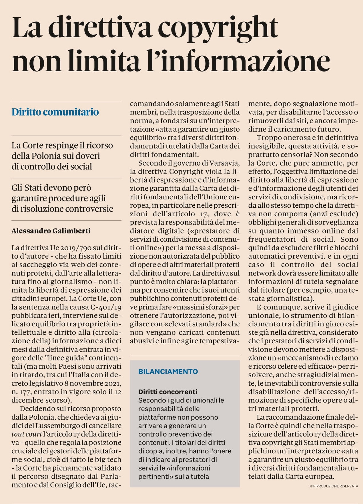 La direttiva copyright non limita l’informazione (tratto da Il Sole 24 Ore)