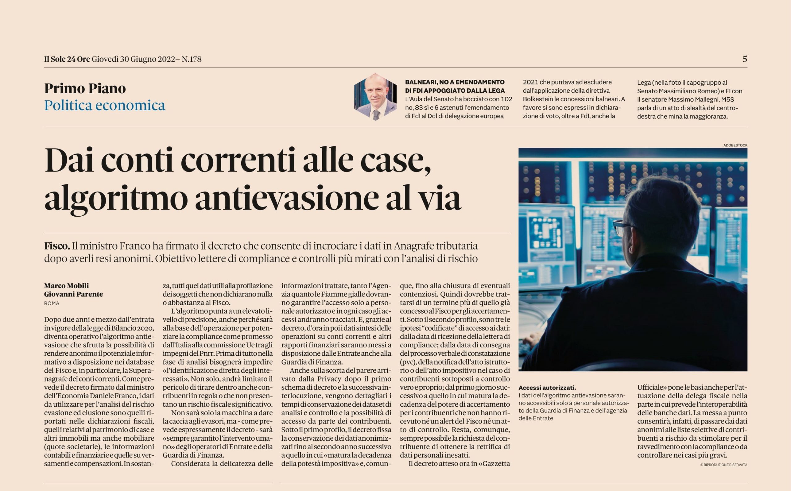 Dai conti correnti alle case, algoritmo antievasione al via (tratto da Il Sole 24 Ore)