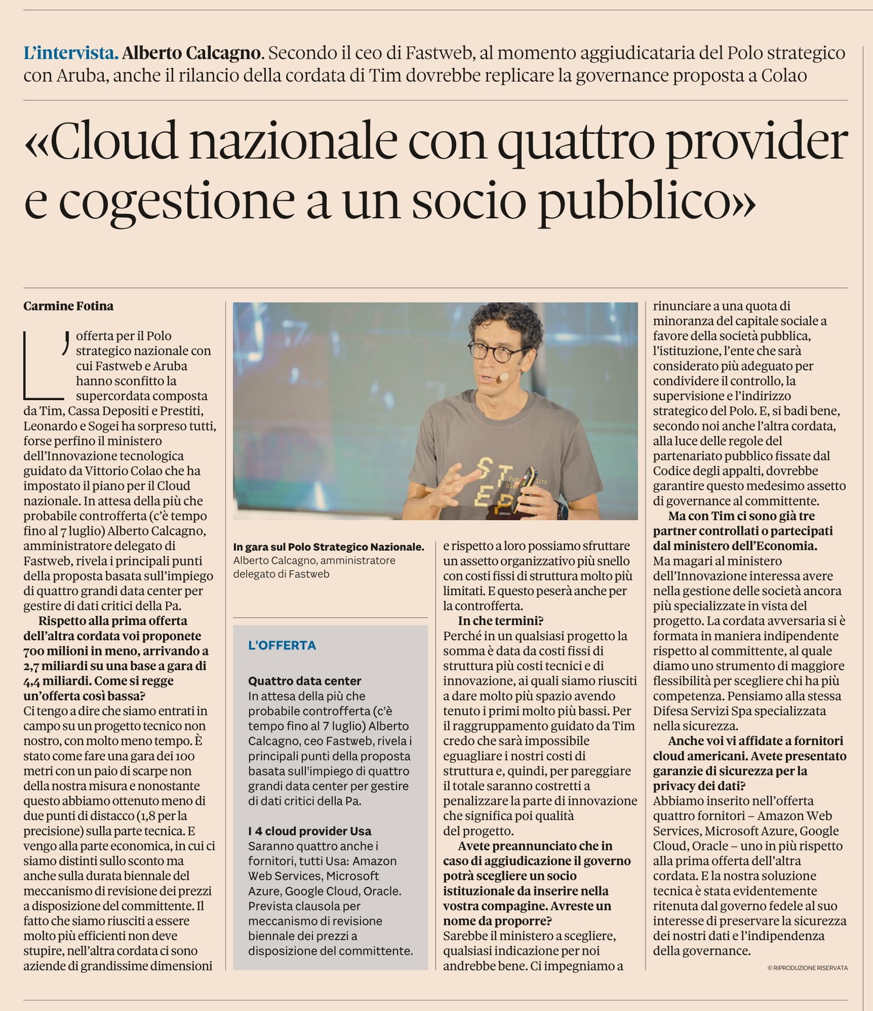 Cloud nazionale con quattro provider e congestione a un socio pubblico (tratto da Il Sole 24 Ore)