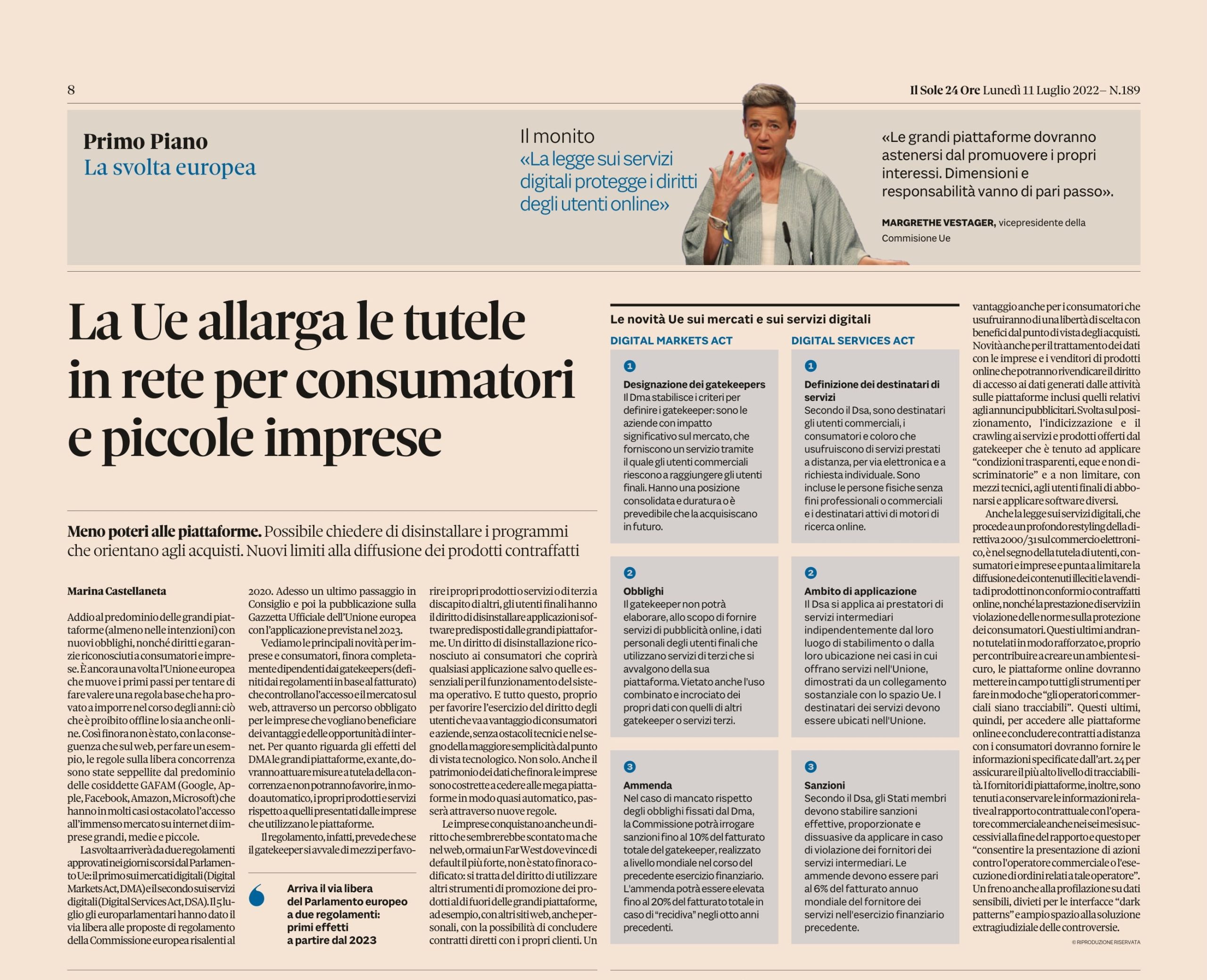 La Ue allarga le tutele in rete per consumatori e piccole imprese (tratto da Il Sole 24 Ore)