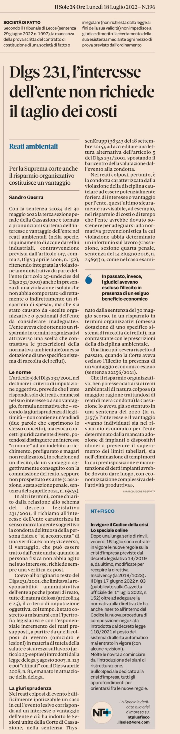 Dlgs 231, l’interesse dell’ente non richiede il taglio dei costi (tratto da Il Sole 24 Ore)