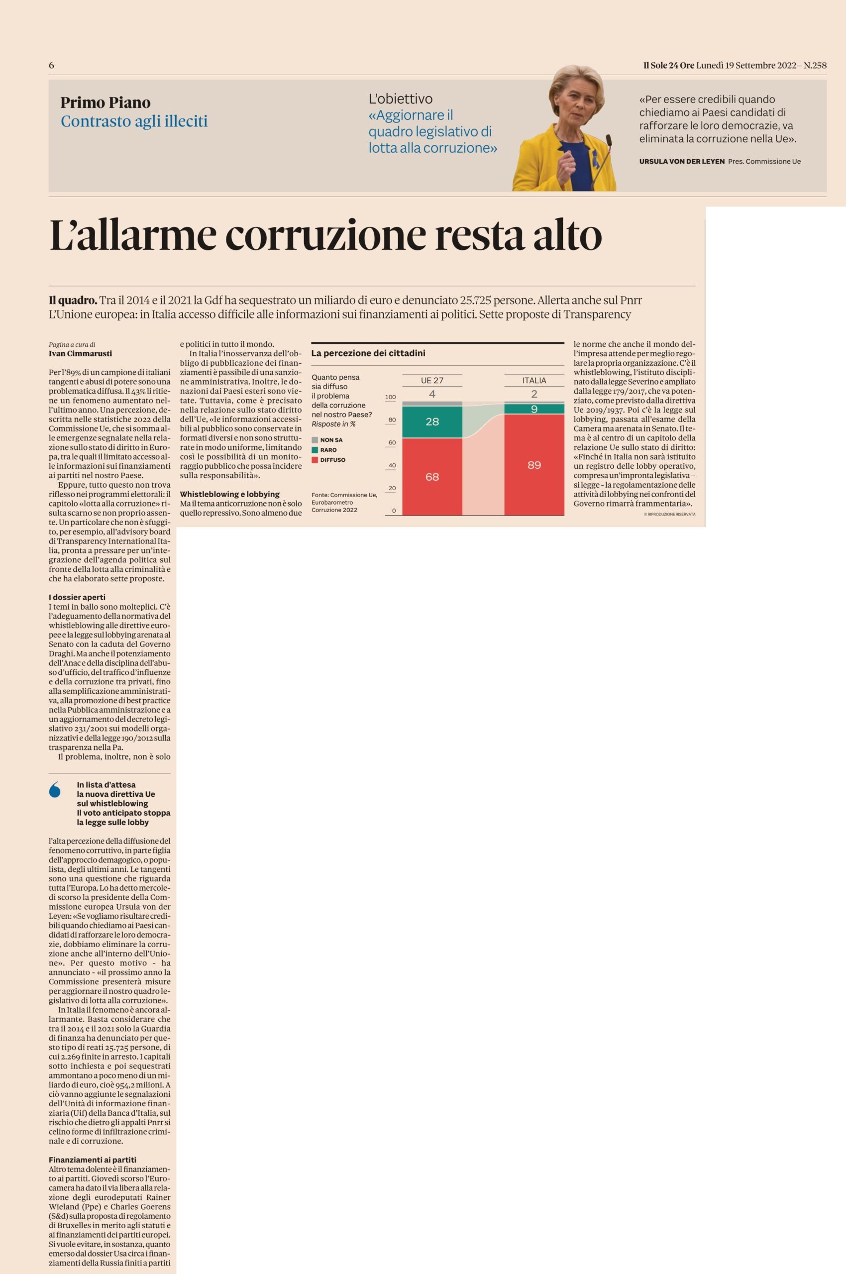 L’allarme corruzione resta alto (tratto da Il Sole 24 Ore)