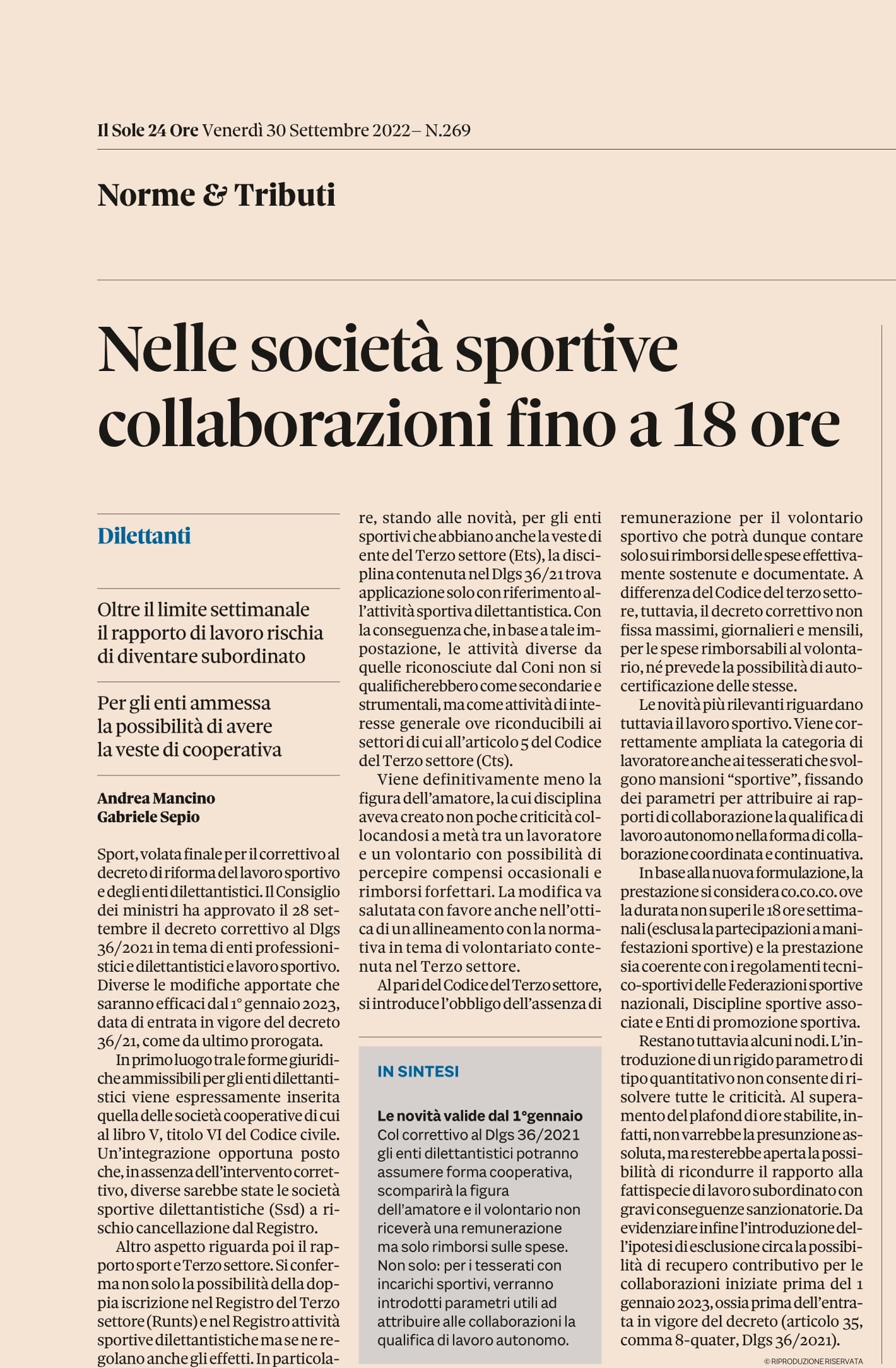 Nelle società sportive collaborazioni fino a 18 ore (tratto da Il Sole 24 Ore)