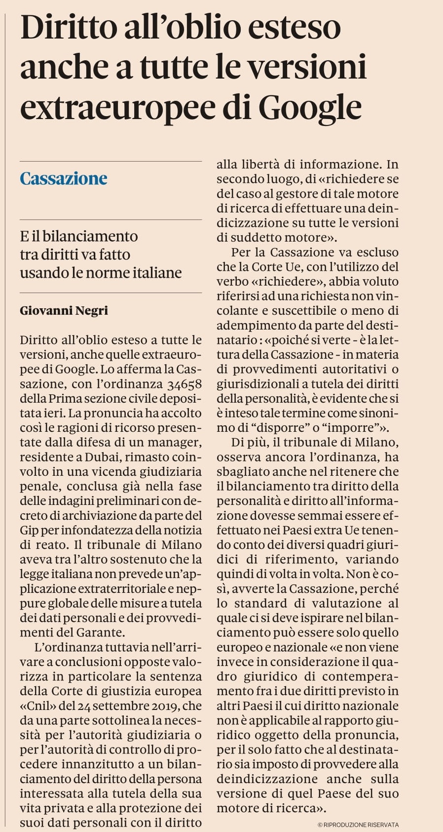 Diritto all’oblio esteso anche a tutte le versioni  extraeuropee di Google (tratto da Il Sole 24 Ore)