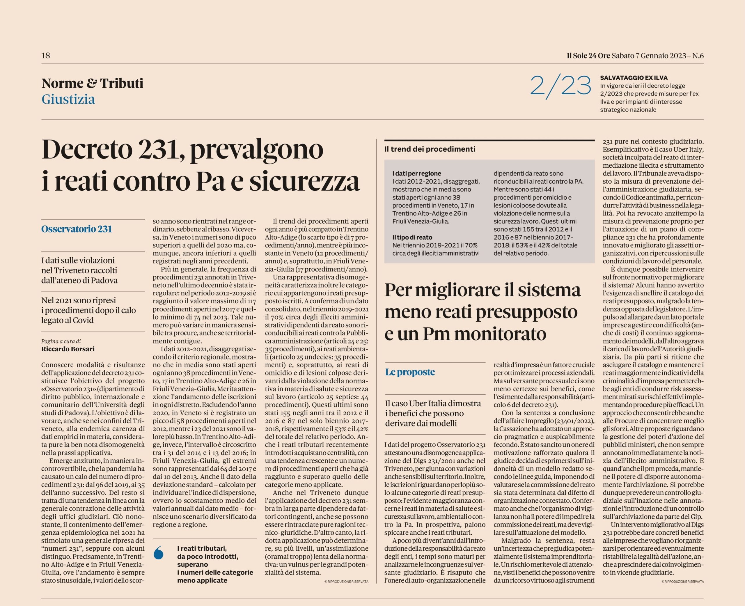 Decreto 231, prevalgono i reati contro Pa e sicurezza (tratto da Il Sole 24 Ore)