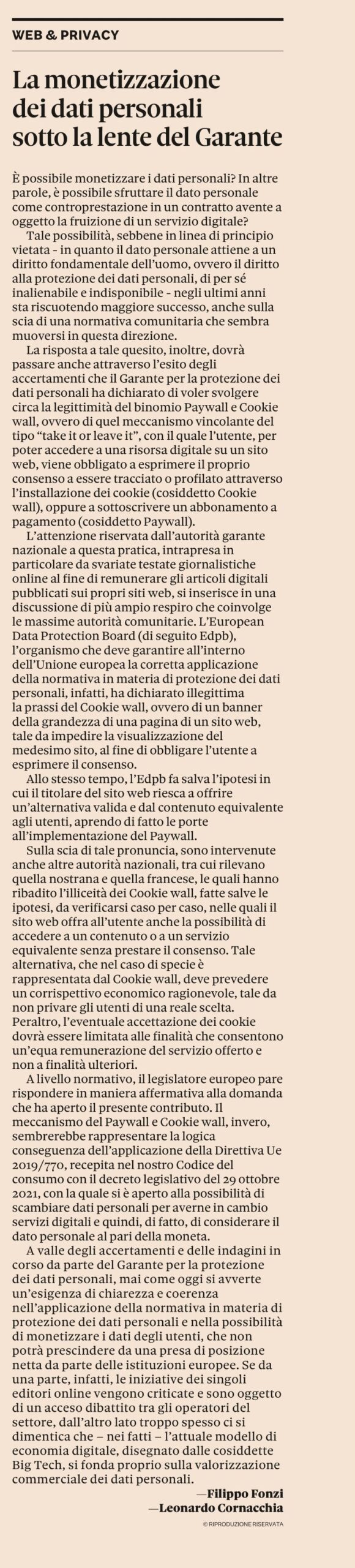 La monetizzazione dei dati personali sotto la lente del Garante (tratto da Il Sole 24 Ore)