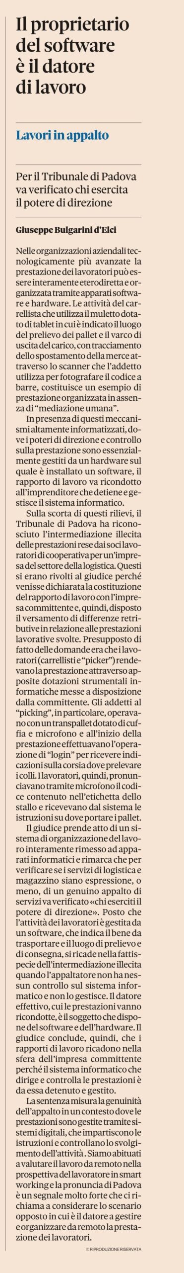 Il proprietario del software è il datore di lavoro (tratto da Il Sole 24 Ore)